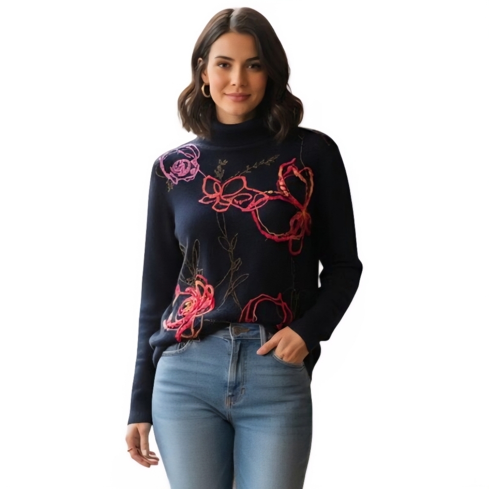 Susan Bristol Vintage Black Multi Media Turtleneck Sweater Size M - Picture 1 of 8